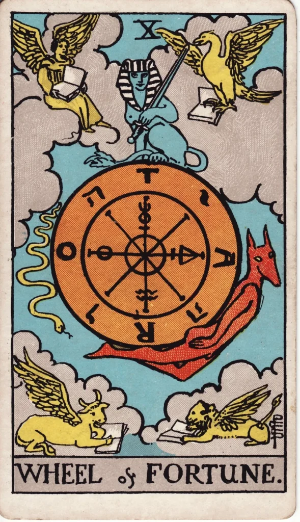 The Wheel of Fortune tarot card, Major Arcana X, Rider-Waite style