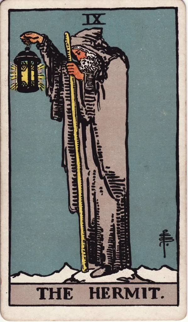 The Hermit tarot card, Major Arcana IX, Rider-Waite style