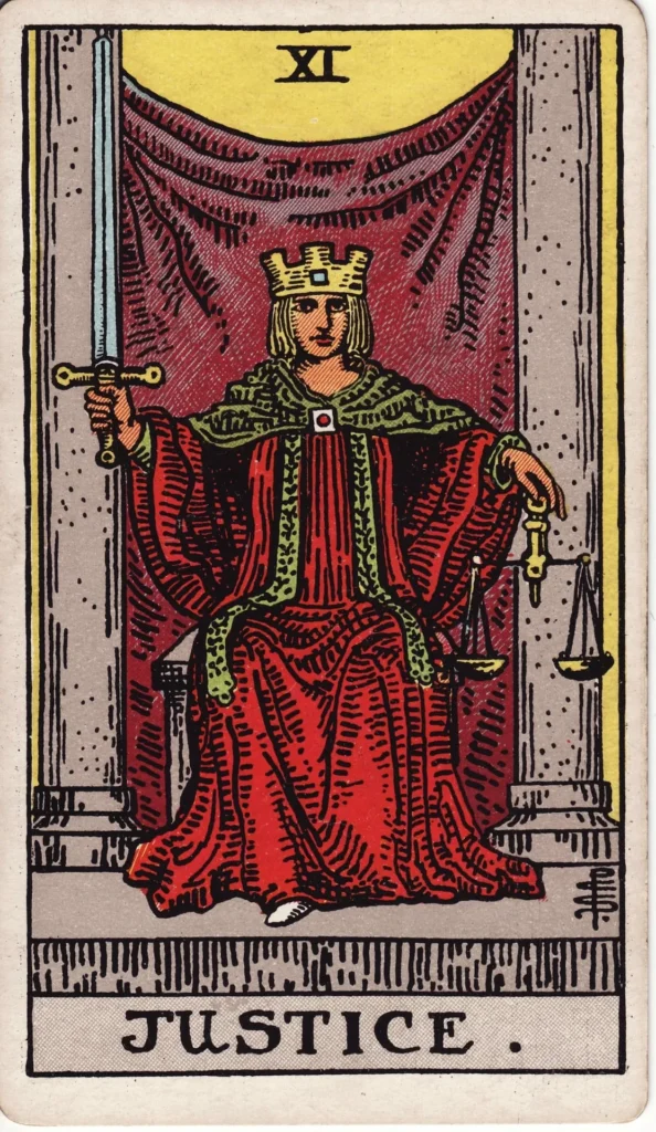 The Justice tarot card, Major Arcana XI, Rider-Waite style