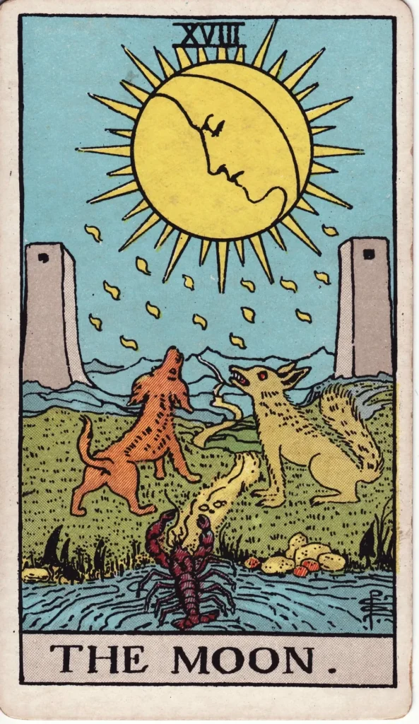 The Moon tarot card, Major Arcana XVIII, Rider-Waite style