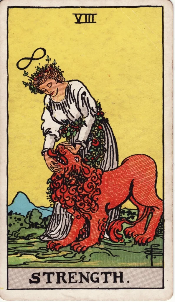 The Strength tarot card, Major Arcana VIII, Rider-Waite style