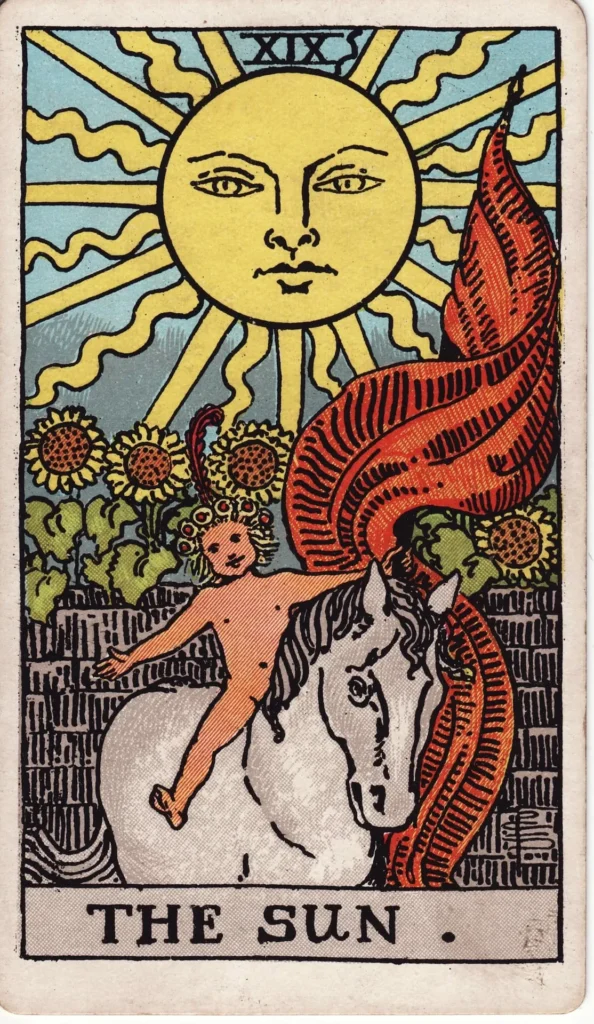 The Sun tarot card, Major Arcana XIX, Rider-Waite style