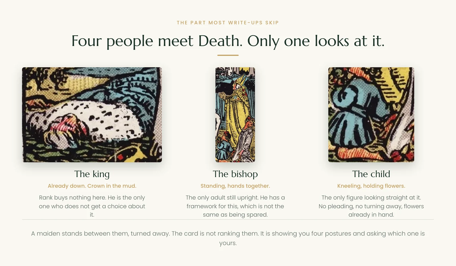 The king, bishop and child on the Death tarot card, and which one looks at it