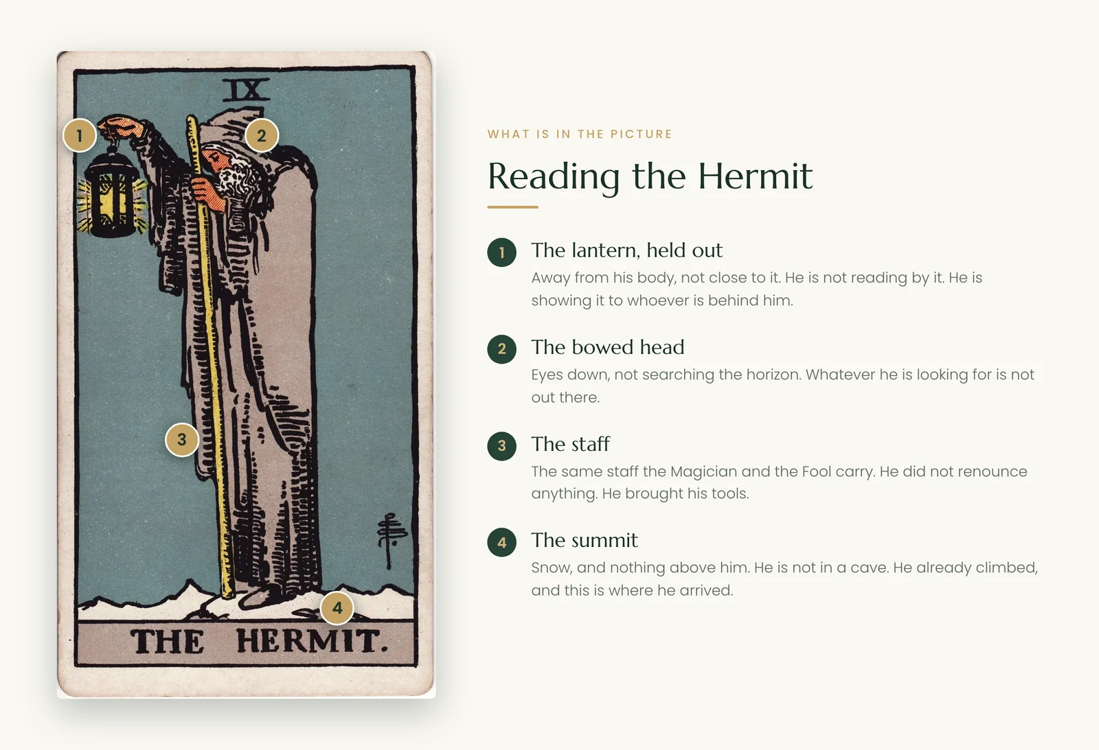 The Hermit tarot symbolism: the lantern held out, the bowed head, the staff and the summit