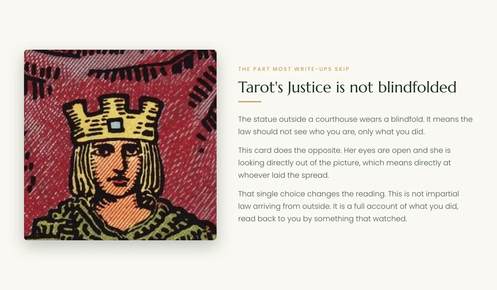 Close-up of the Justice tarot card showing her eyes open, without a blindfold