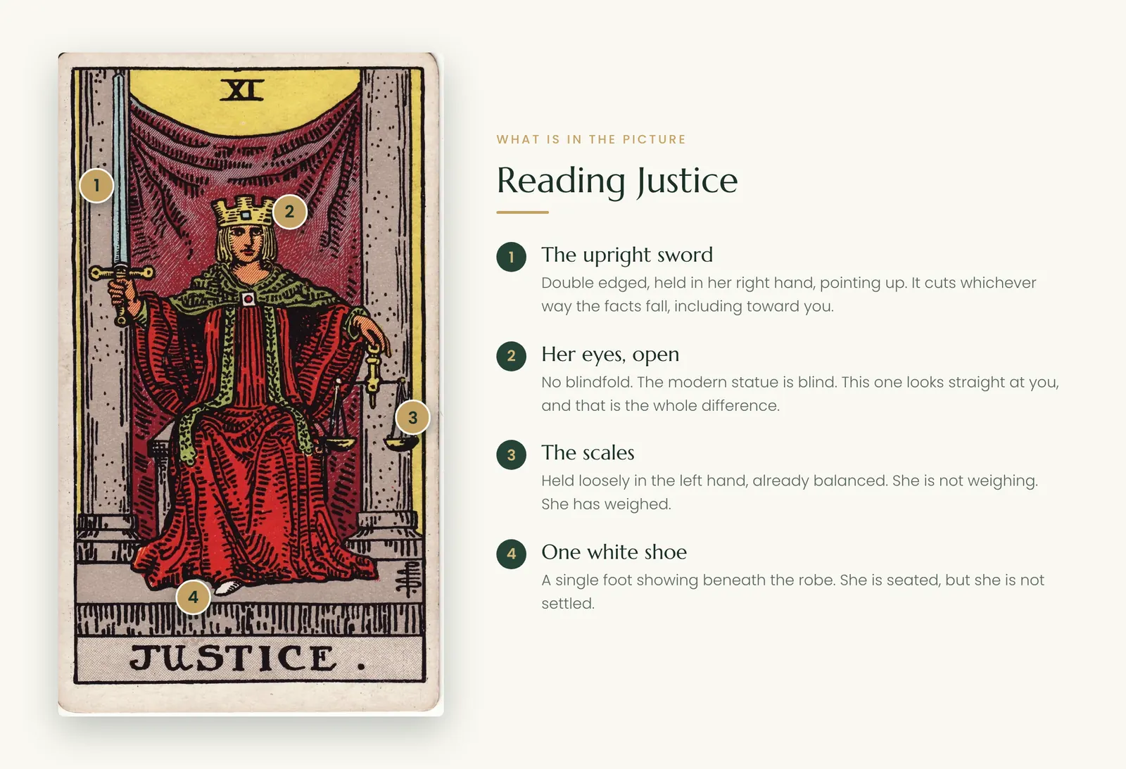 Justice tarot symbolism: the upright sword, her open eyes, the scales and the white shoe