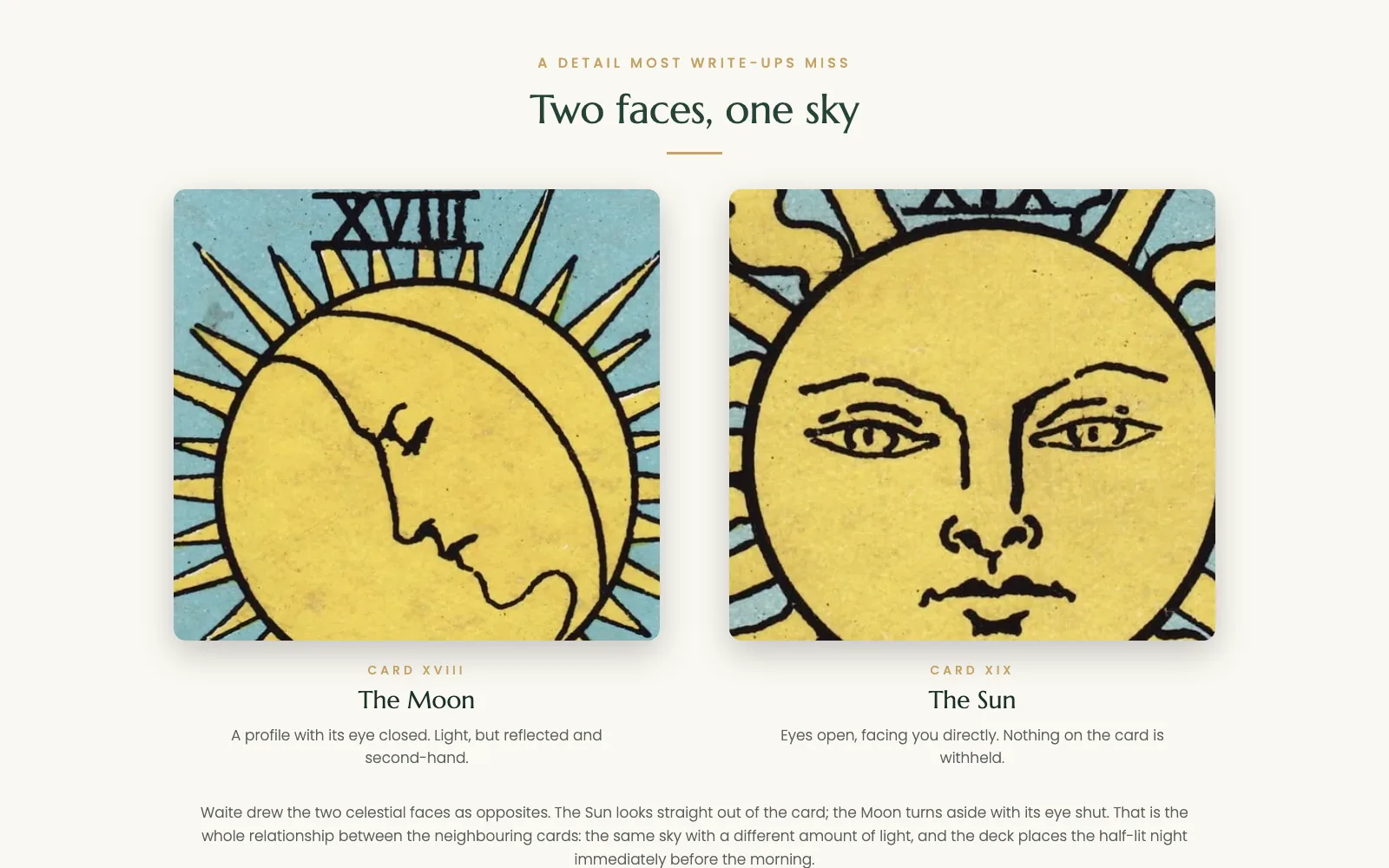 The Moon and the Sun tarot card faces compared: the Moon's eye is closed, the Sun's eyes are open