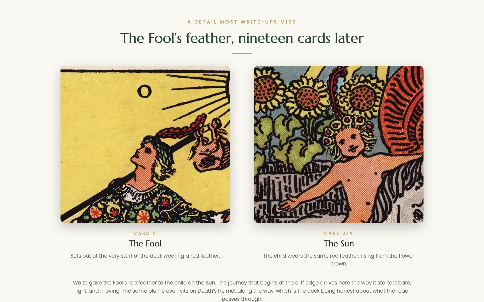 The Fool's red feather reappearing on the child of the Sun tarot card
