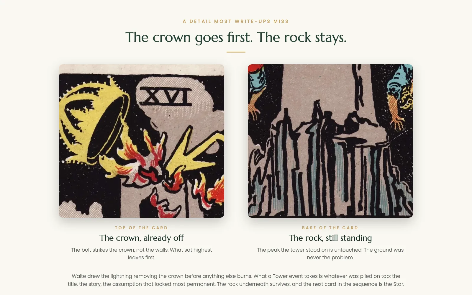 The Tower tarot card detail: lightning knocks the crown off while the rock base stands
