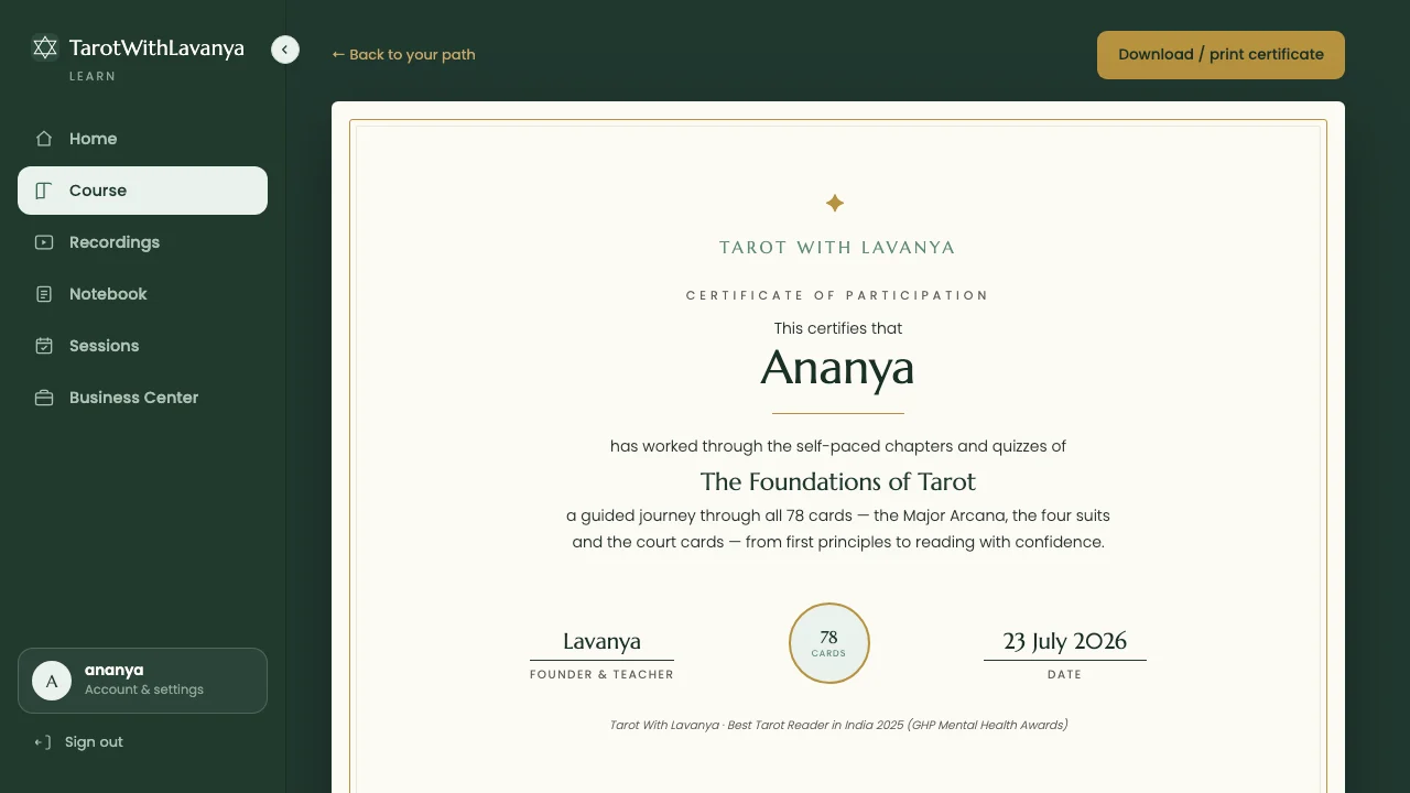Certificate of Participation screen in the Learn app — earned on completion