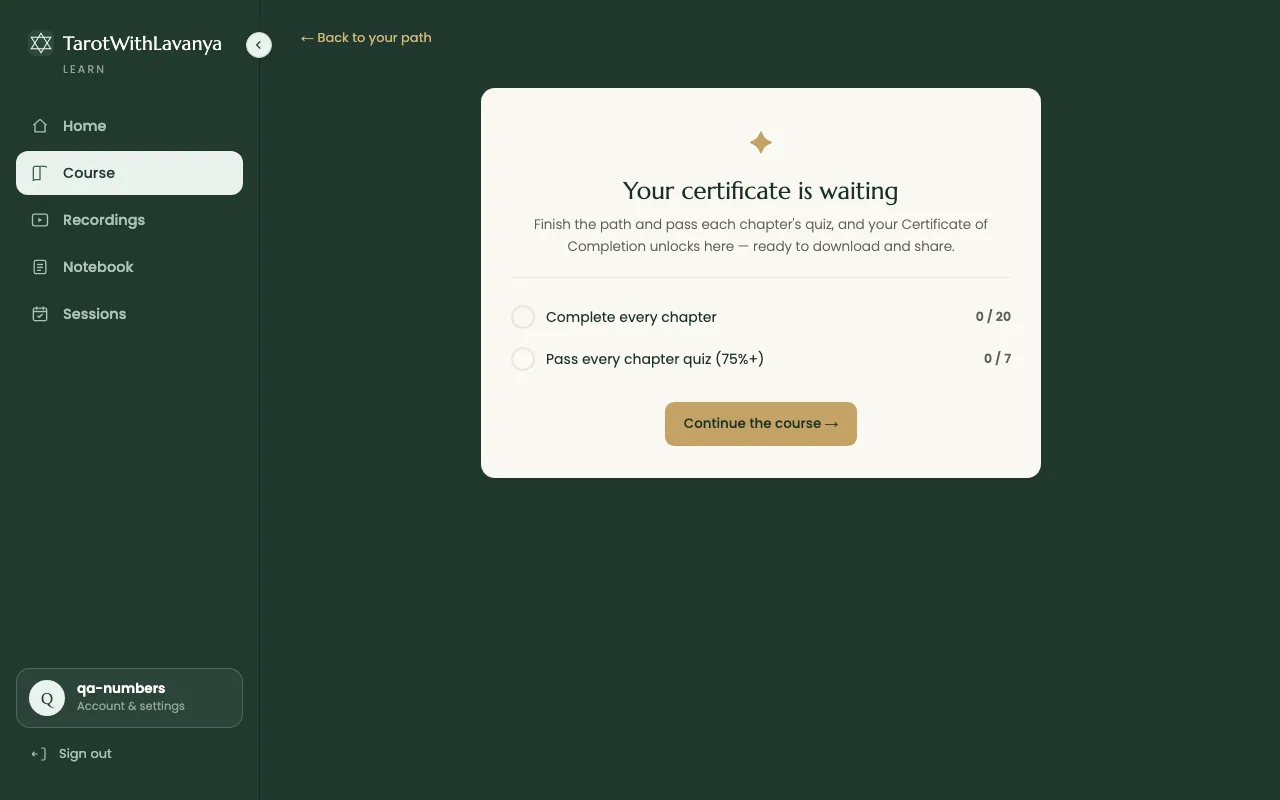 Tarot &Amp; Numerology Course 5 Foundation Reader Certificate of Completion screen in the Learn app