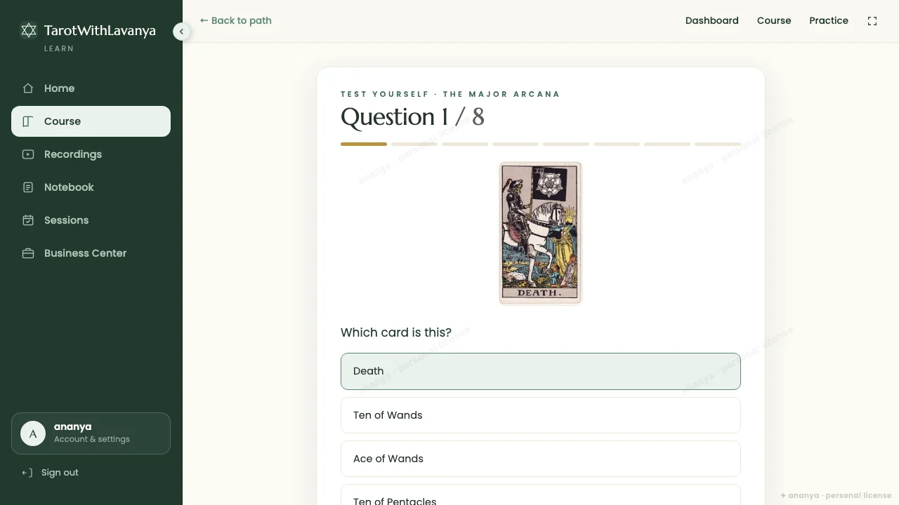 Auto-graded quiz in the Learn app, testing the Major Arcana