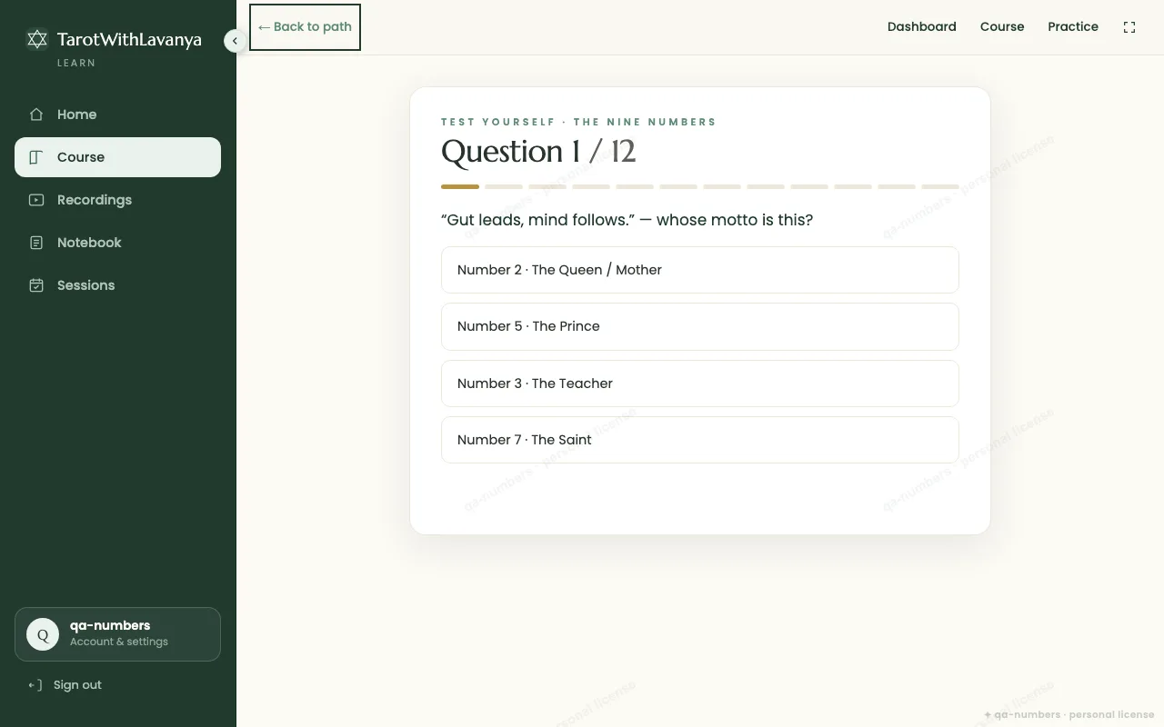 Tarot &Amp; Numerology Course 4 Auto-graded quiz in the Learn app, testing the Nine Numbers