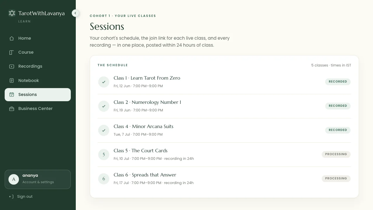 Learn app live class schedule — cohort classes on Google Meet, each one recorded