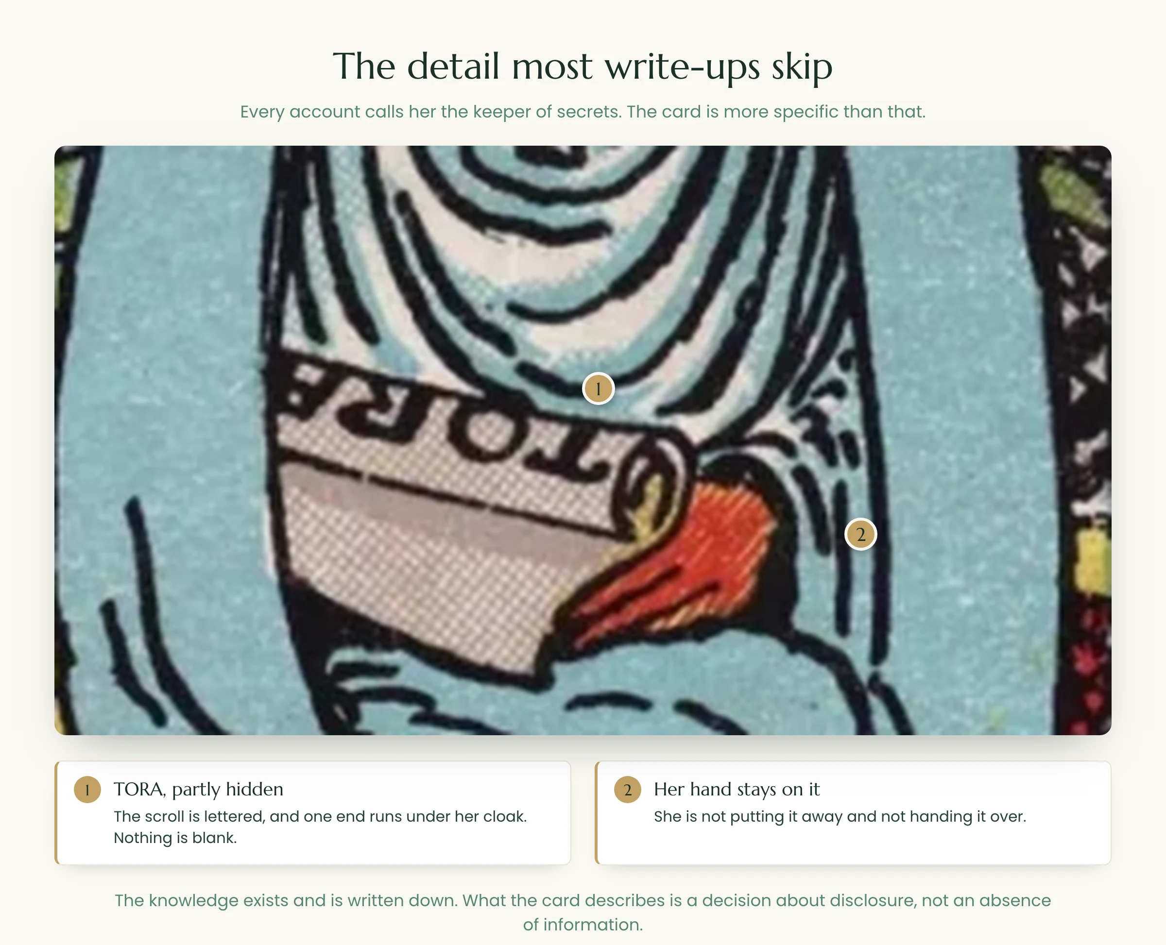 The High Priestess scroll is lettered TORA with one end hidden under her cloak