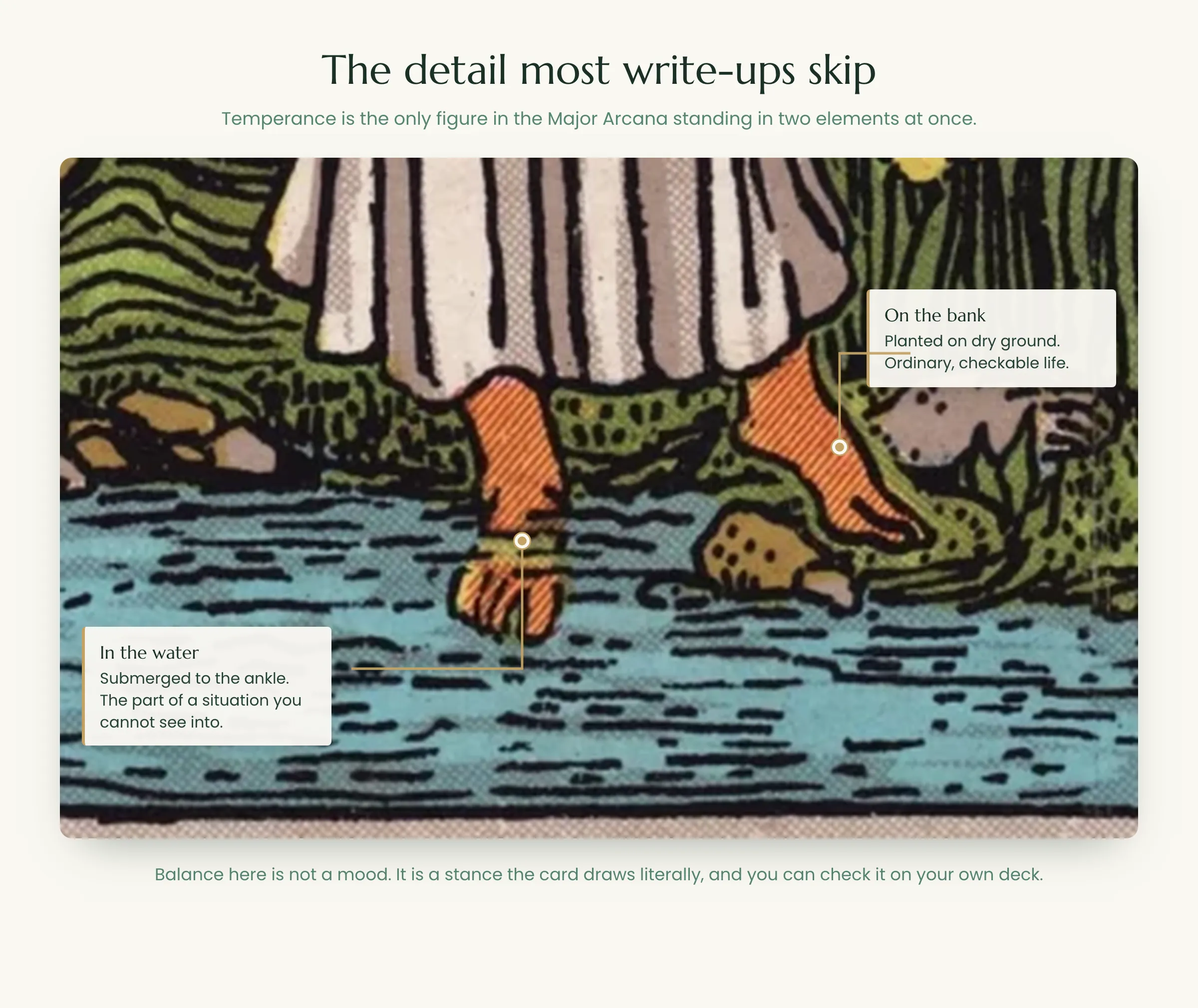 Temperance stands with one foot submerged in the water and one on the bank