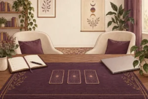 An appointment diary, two empty reading chairs and three cards on a table.