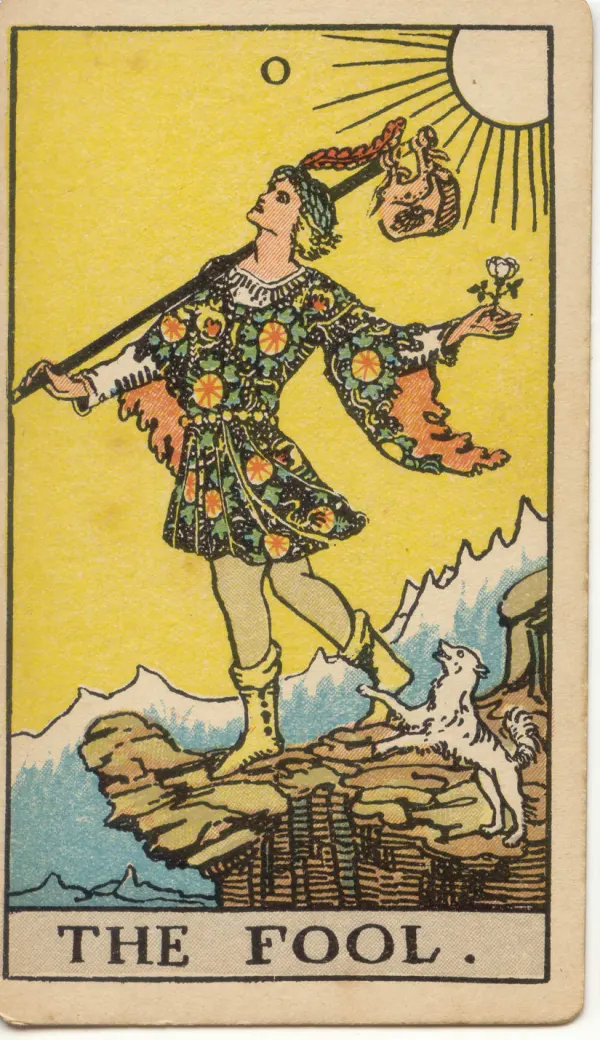 The Fool: a traveller with a small dog at a cliff edge