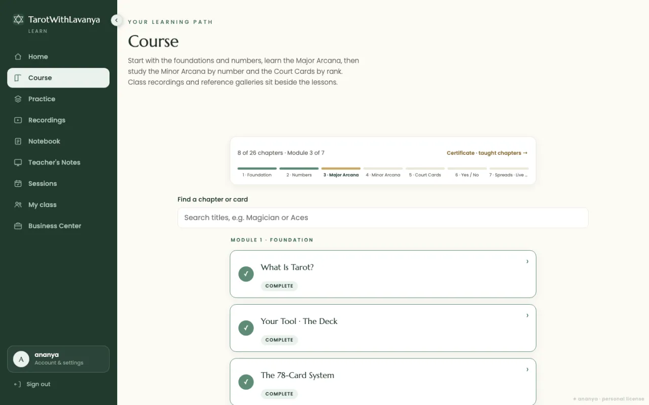 The Learn app course screen showing chapters and an example student’s progress