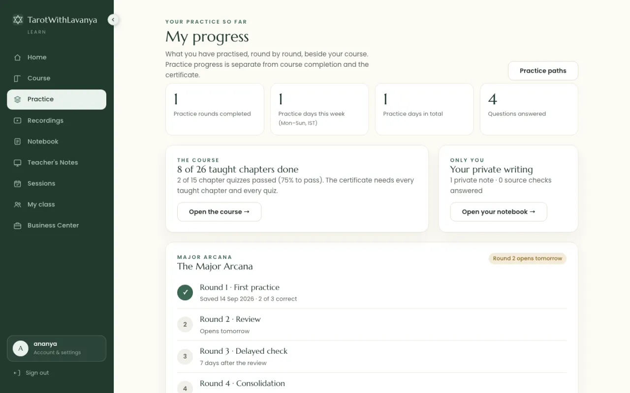 My progress: practice rounds, chapters done, quizzes passed and each round's record.