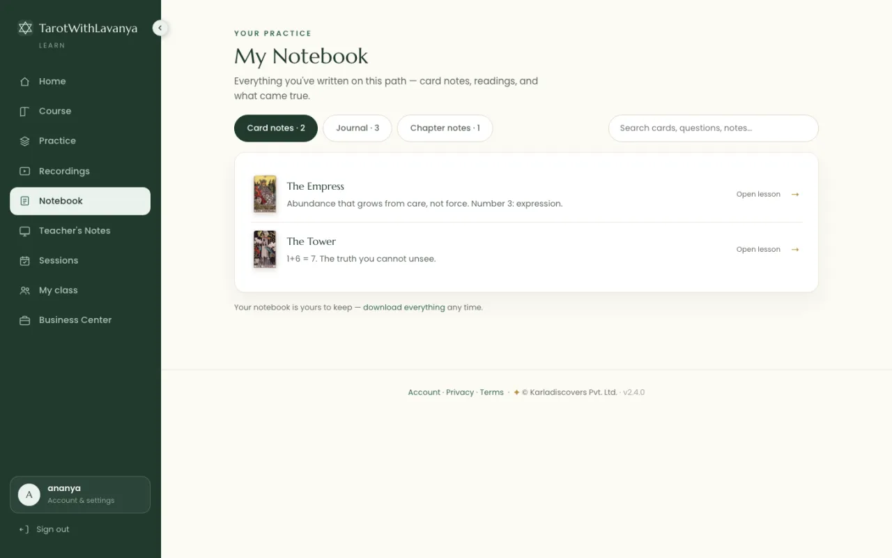 The notebook: card notes, journal readings and chapter notes.
