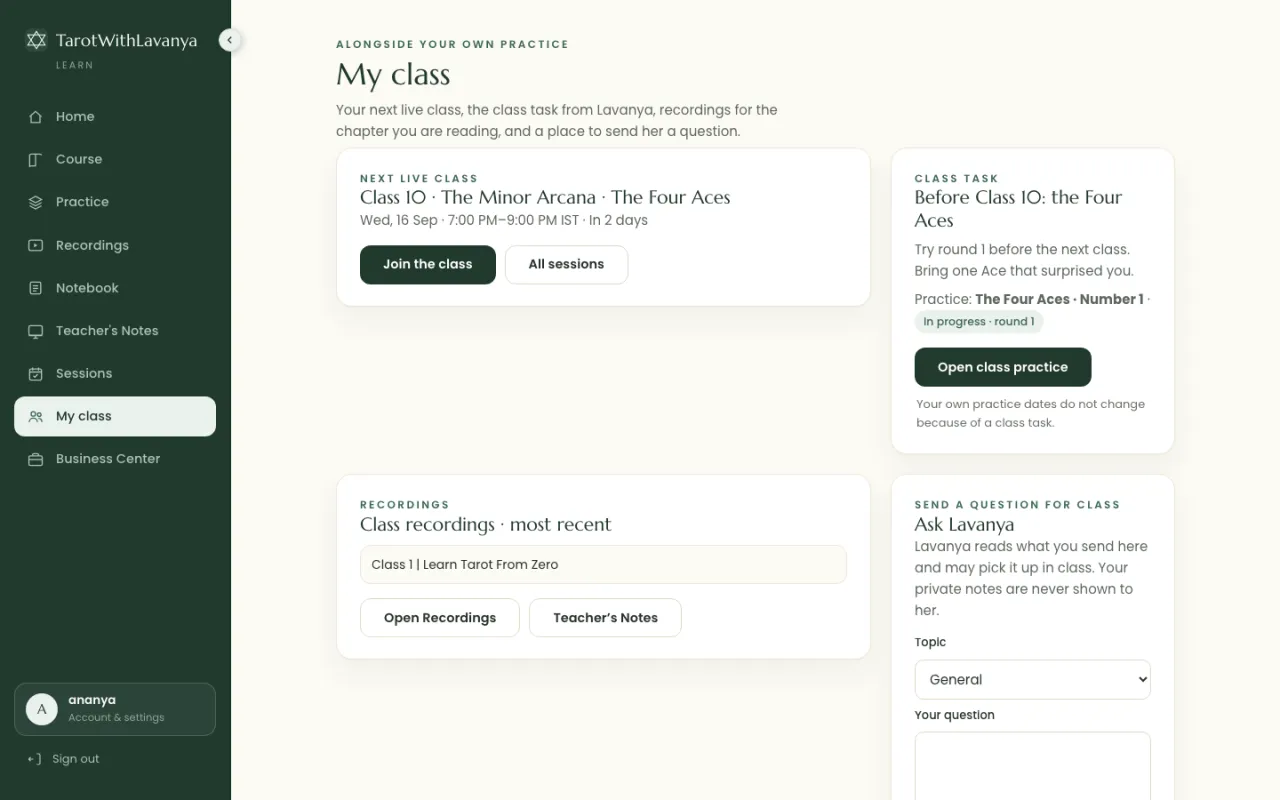 My class: the next live class, the class task from Lavanya and a place to ask a question.